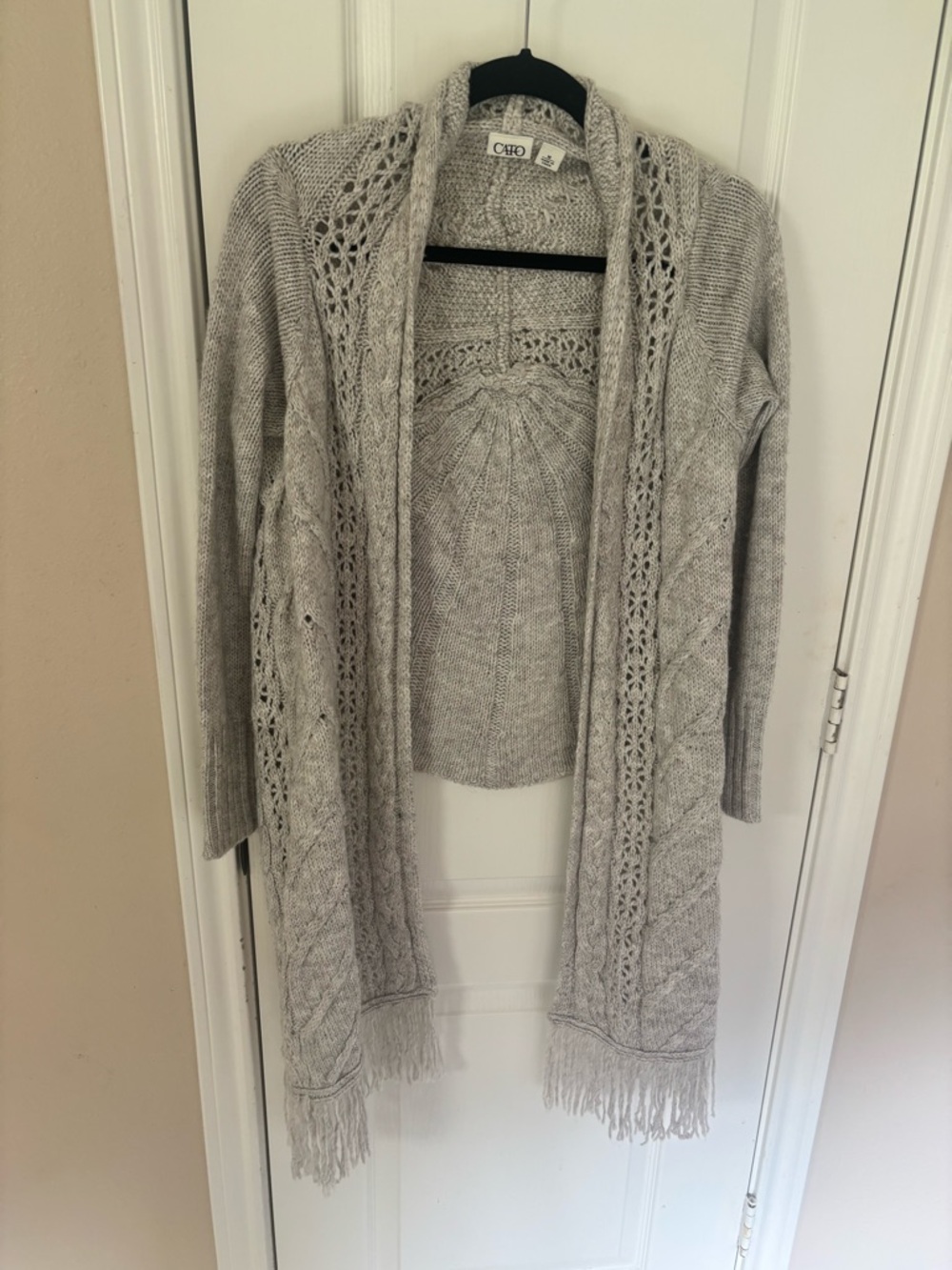 Cato Size M Gray Open-Front Knit Cardigan Fringe Acrylic Wool Blend Cottagecore